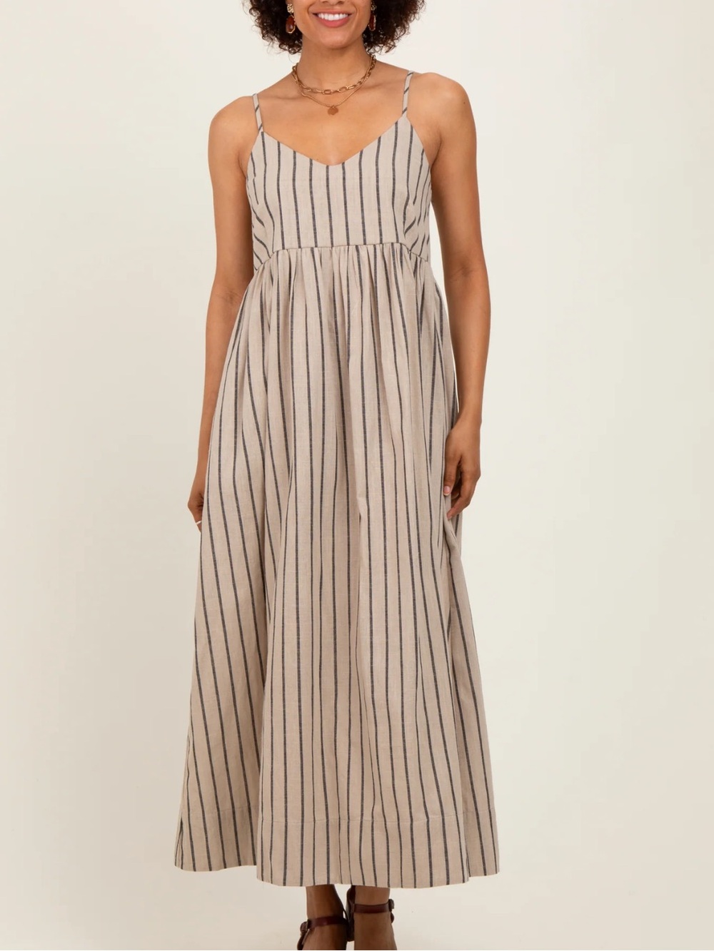 Miou Muse Striped Beige Maxi Dress with Thin Straps, Size Medium